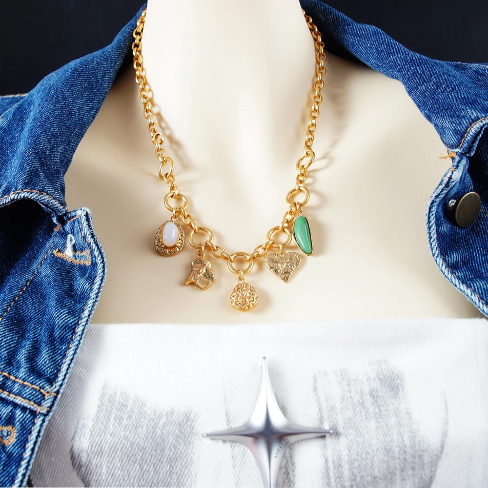 

Heart Charm Necklace Natural Green Stones Coquette Chain Medal Natural Coin Pendant Jewelry Official-website