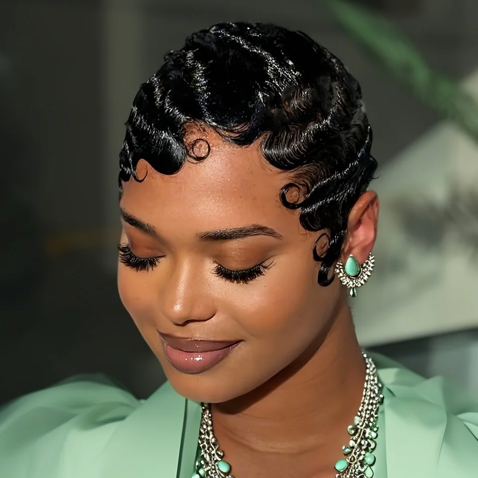 

Элегантный парик из натуральных волос с волнистой стрижкой пикси, многослойный стиль для женщин, плотность 180%, машинное производство волос