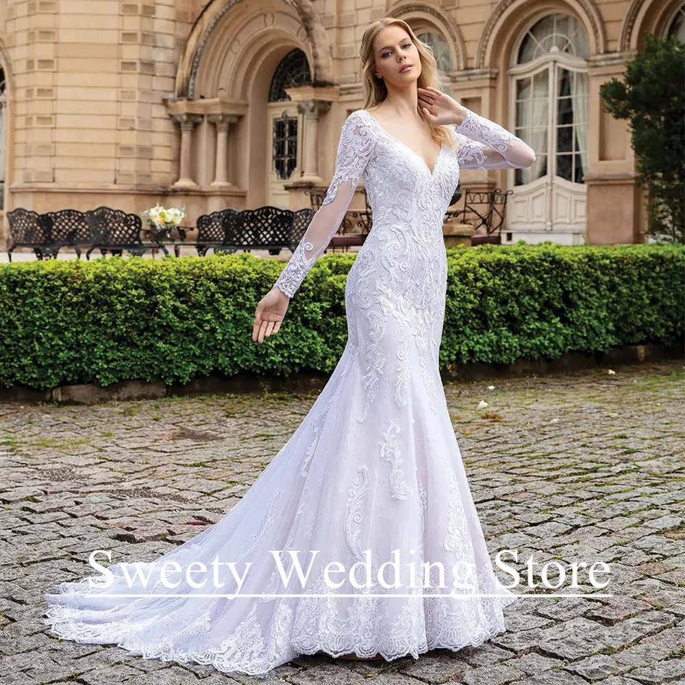 الدانتيل حورية البحر فستان الزفاف مخصص كامل الأكمام الخامس الرقبة مفتوحة الظهر سويب تراين امرأة العروس فستان زفاف رداء دي ماري