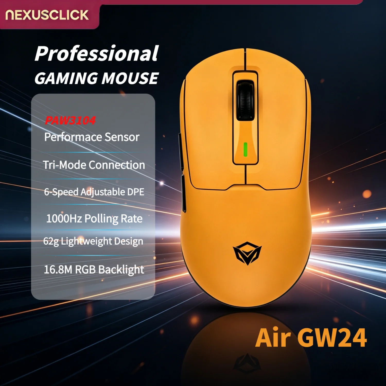 NexusClick GW24  PAW3104Tri-Mode Lightweight Gaming Mouse,8000DPI,45IPS,15G,62g,Magnetic Fast Charging,RGB backlight for Gamer