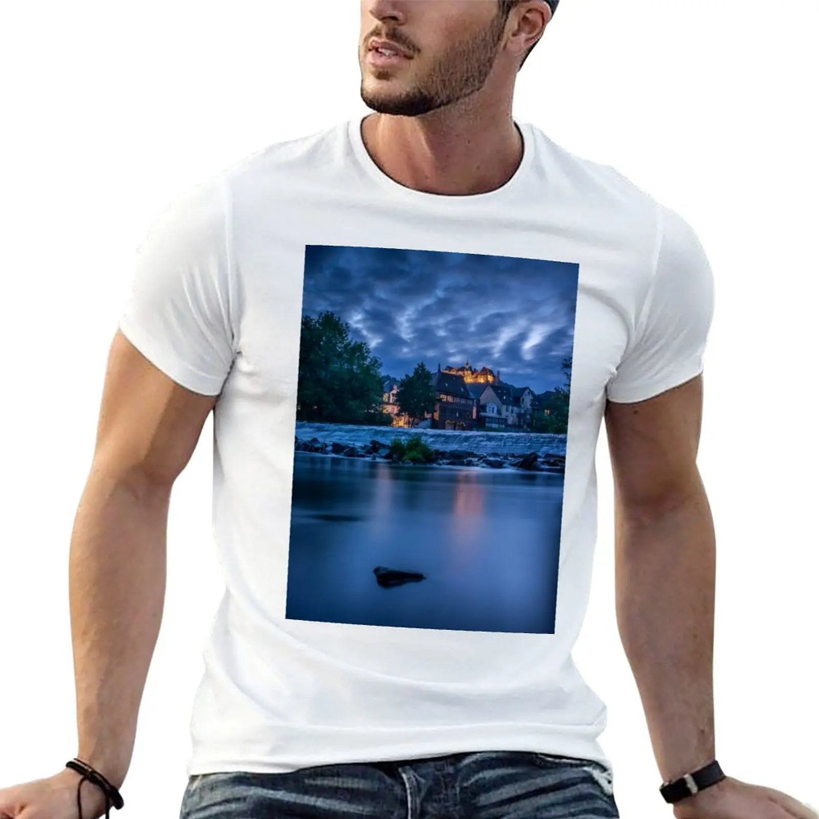 Castle view at the blue hour T-Shirt Fashion Simple Casual Tee Shirt