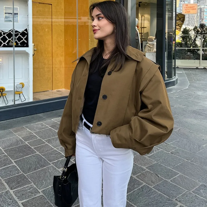 Talenza Women Jackets Brown Pleated Jacket Spring Autumn 2025 Cropped Bomber Button Long Sleeve Coats Outerwears Aviator Jackets