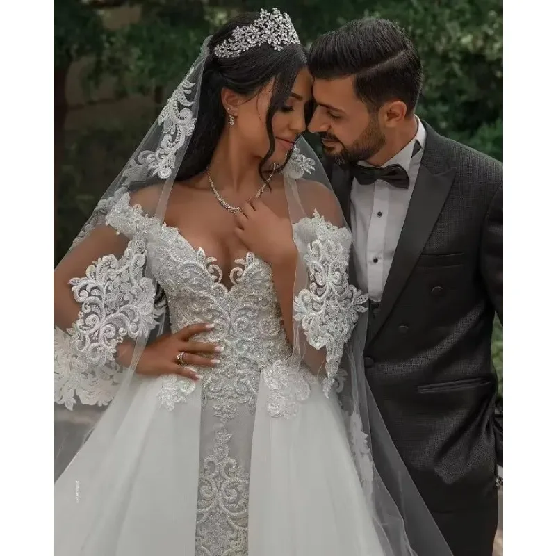 Robes de mariée sirène personnalisées en dentelle, avec traîne détachable, épaules dénudées, avec des appliques, vêtements de mariage Vintage