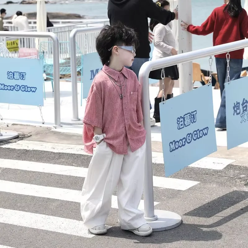 Children's Summer Set Fashion 2026 New Boys' Baby Solid Color Short sleeved Shirt Pants Two piece Set