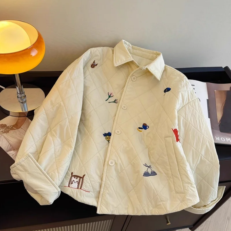

Lightweight Cotton Jacket For Women 2026 Spring Autumn Loose Temperament Unique Embroidery Quilted Coat With Button w1699