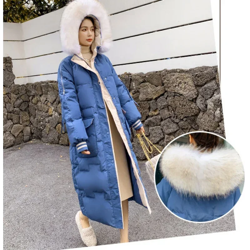 Women Extra Long Duck Down Jackets Hooded Raccoon Fur Collar Coats Plus Size Thickened Slim Warm White Winter Clothing Ladies