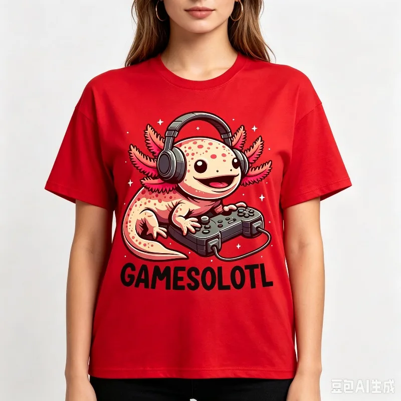 Gamesolotl Axolotl Gamer Controller Print T-Shirt Women Cotton Casual Loose Gaming Gift Top For Video Game Enthusiasts