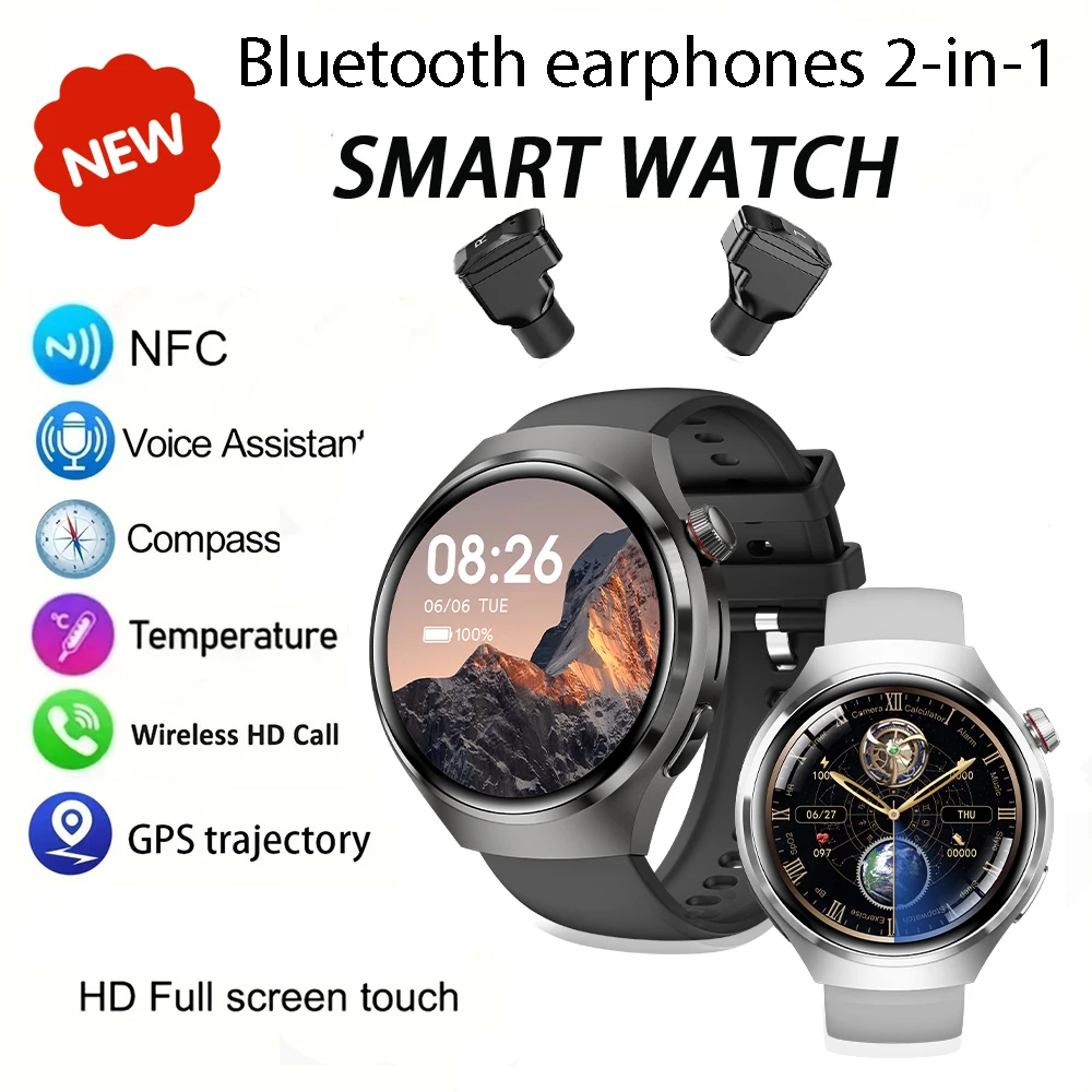 Новые мужские Bluetooth-наушники 2-в-1 Смарт-часы 1,53 дюйма HD Сенсорный экран NFC Пульсометр GPS Спортивная траектория Женские умные часы