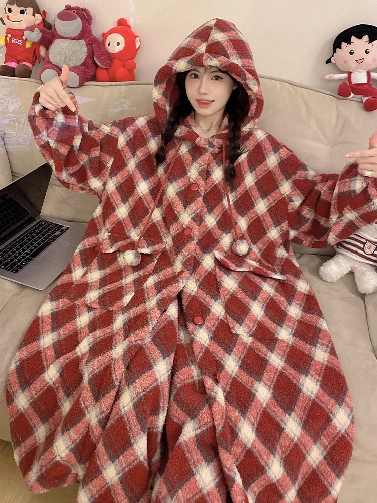 DAIMELU winter nightgown women's coral fleece thickened flannel simple pijamas plaid hooded pajamas set loungewear suit female