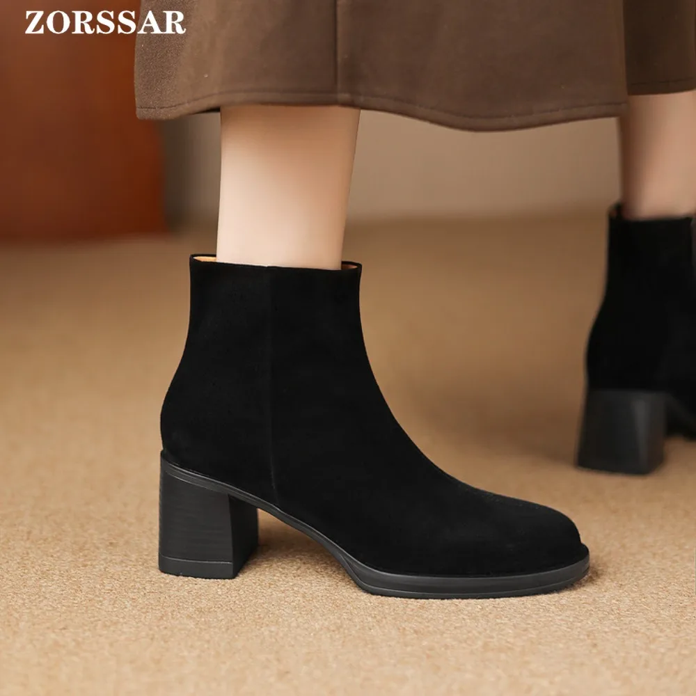 2025 جديد الخريف/الشتاء المرأة أحذية بوت قصيرة جلد طبيعي ساحة عالية الكعب أحذية الإناث الجلد المدبوغ موجزة النساء حذاء من الجلد