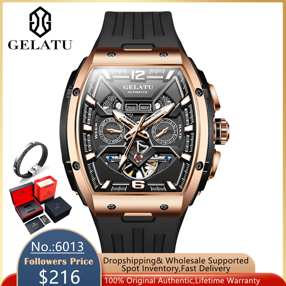 

GELATU 6013 Original Mechanical Watch for Men Silicone Strap Skeleton Calendar Week Display Business Luxury Automatic Wristwatch