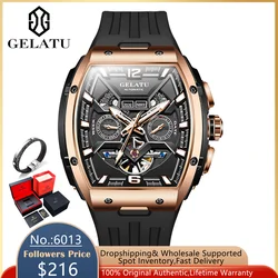 GELATU 6013 Original Mechanical Watch for Men Silicone Strap Skeleton Calendar Week Display Business Luxury Automatic Wristwatch