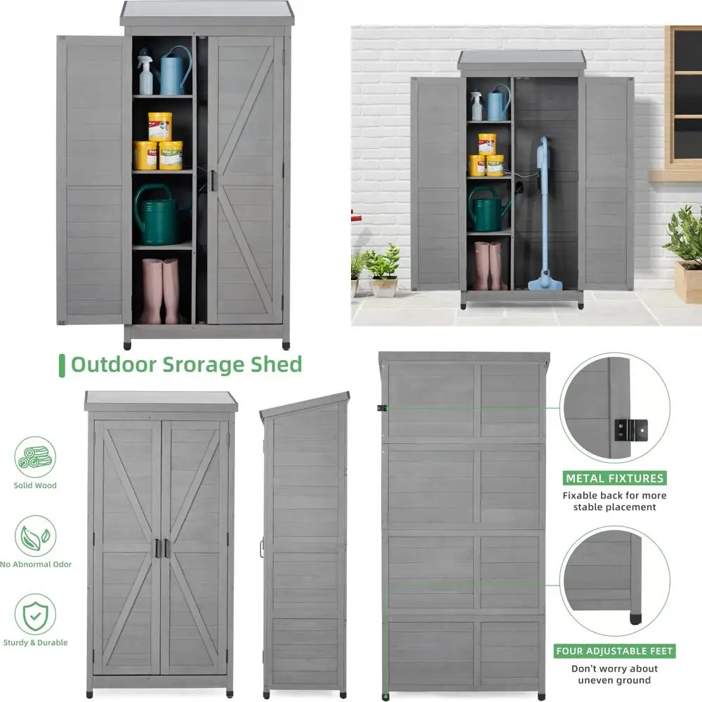 

Деревянный навес для хранения на открытом воздухе размером 68 x 33 x 20 дюймов с высоким вертикальным шкафом для инструментов с металлической верхней частью для газона в саду на заднем дворе (серый)
