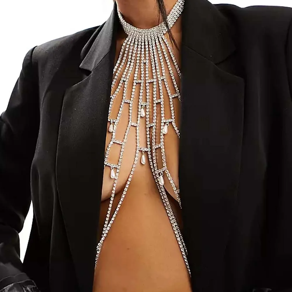 Stonefans Neck Pearl Mesh Novelty Chest Chain for Women Bikini Jewelry Design Rhinestone Club Sexy Lingerie Nightwear Costume