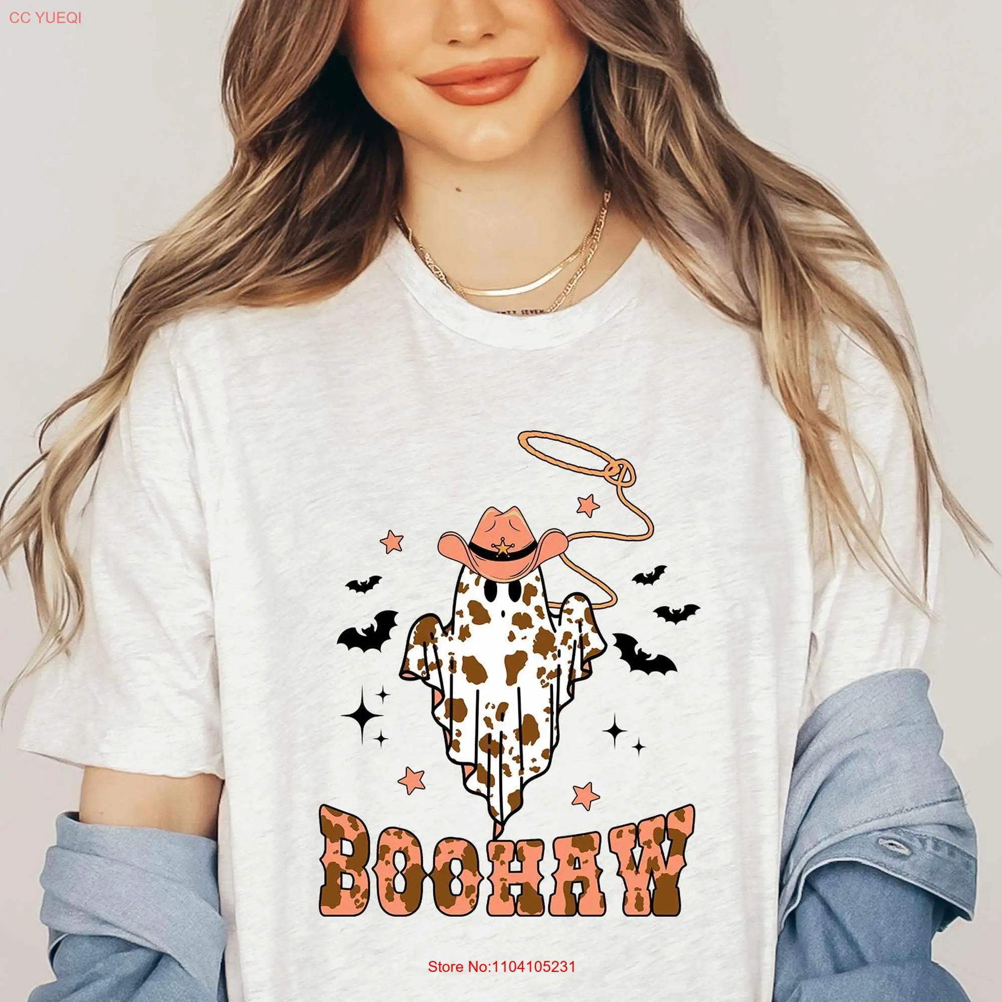 Womens Halloween T Shirt Western Boo Haw GhosT Retro Cowgirl for Her B282 long or short sleeves