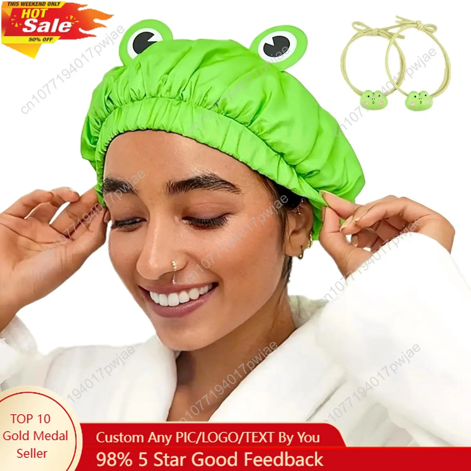 

LamaMe Shower Cap Waterproof Reusable Double Layers Bath Elastic Band Hair Green Frog Shower Cap for Women Ladies Spa