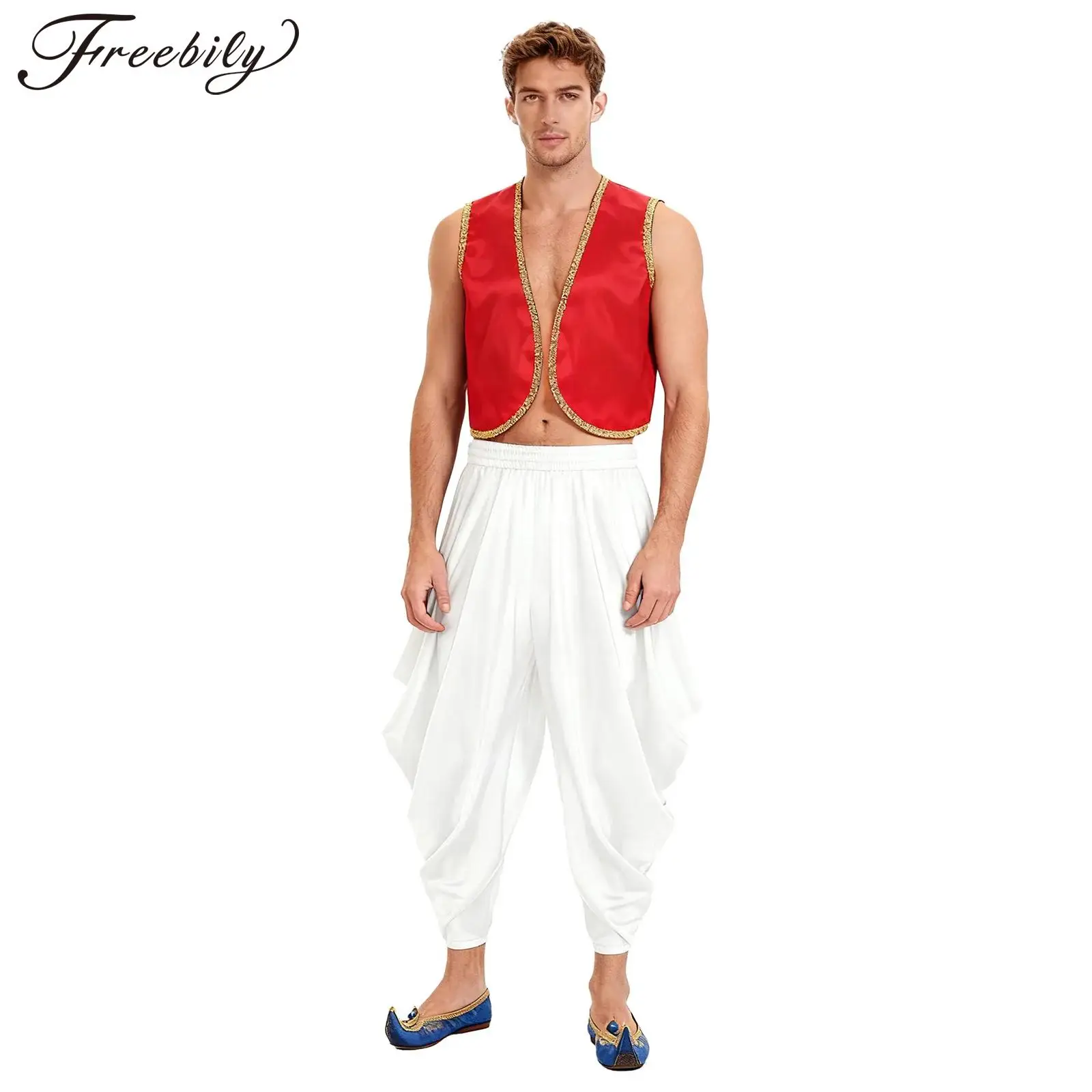 Disfraz árabe para hombre, disfraz de Príncipe Árabe, disfraz de elfo de cuento de hadas, camisetas sin mangas de satén y pantalones Harem, conjunto para Halloween