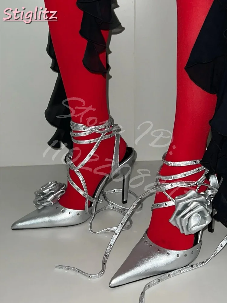

Cross Strap Rose Pumps Silver Rivet Pointed Toe High Heels Lace-up Women's Stilettos 2025 New Sexy Hot Girl Fashion Dress Shoes