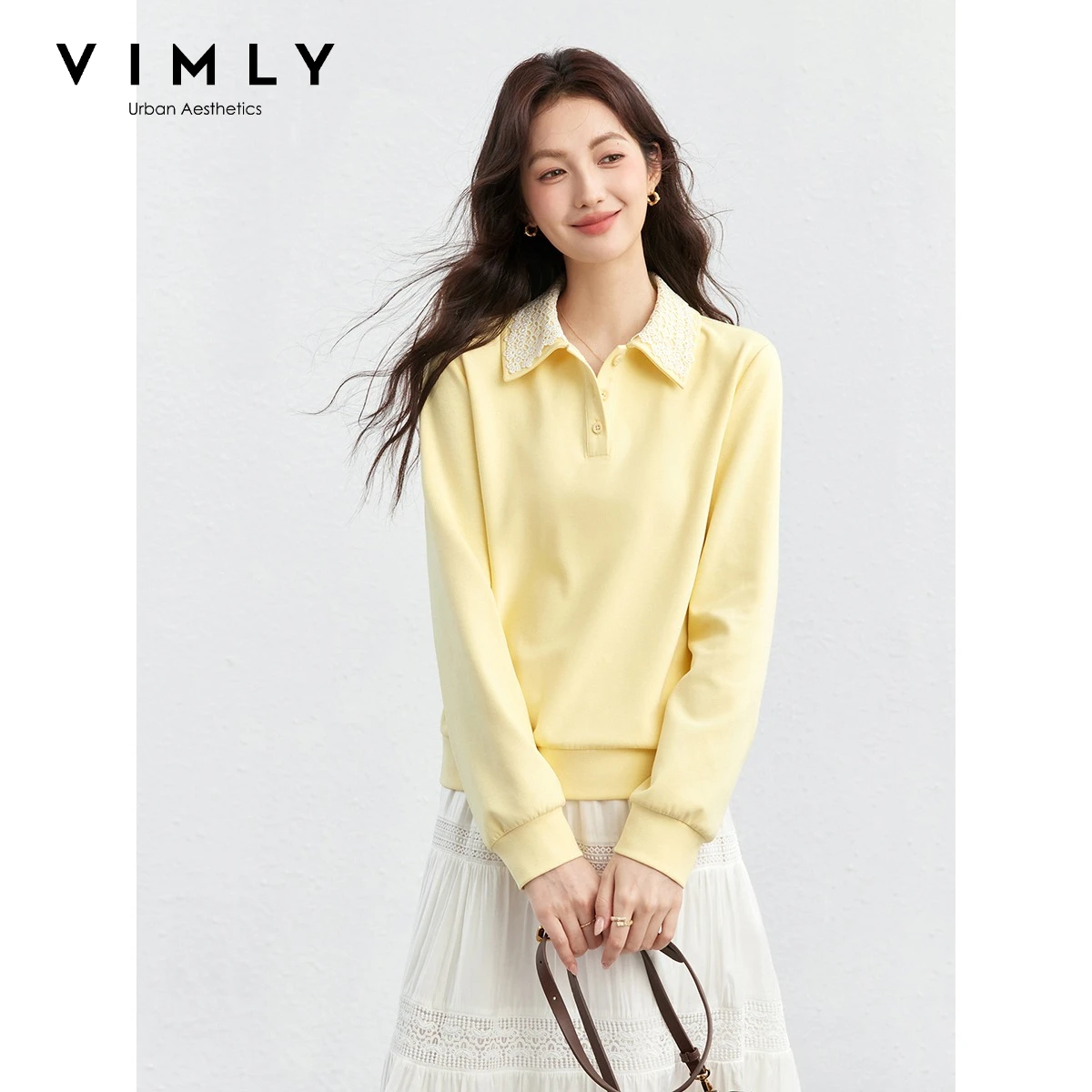 VIMLY Women's Yellow Sweatshirt 2026 Lace Patchwork Lapel Cotton Blend Long Sleeve Top Casual Loose-fit Female Clothing A5186