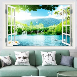 Waterfall Scenery Fake 3D Window Vinyl Wall Stickers Home Decoration Lake View Mural Green Mountain Blue Water Poster Wallpaper