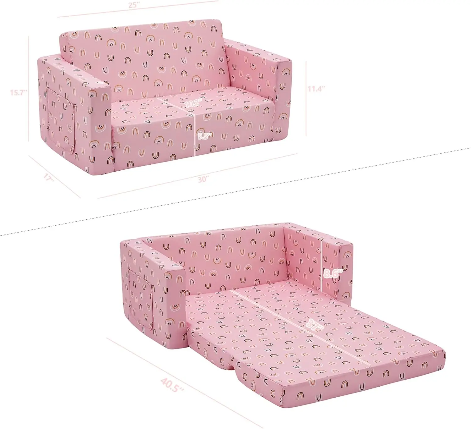 

Kids Sofa Chair Children Filp-Out Chair 2-In-1 Convertible Sofa To Sleeper Couch (Pink Rainbow)