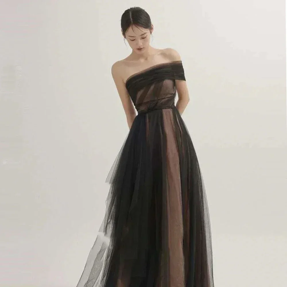 

Customized Black Tulle Prom Gown Off The Shoulder Evening Dress For Women Simple A Line Party Dress Korea Formal Occasion Dress