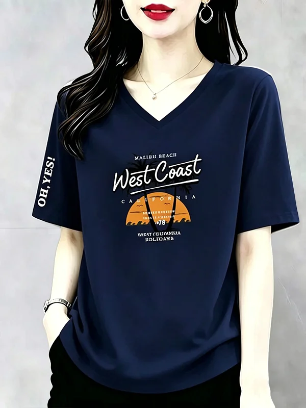 

High Quality Short Sleeve V-Neck T-Shirt Women's Summer Fashion Print Trendy plus Size Top Breathable Polyester Fiber