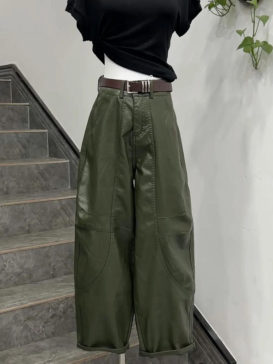 

Thiened Waed Leather Pants High Waist Belted Nine-Tenths Casual Trousers for plus Size Women Spring Autumn Faion