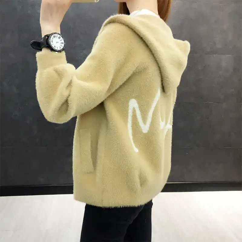 2022 New Hooded Thick Imitation Mink Fleece Sweater Short Coat Women Knitted Cardigan Tops