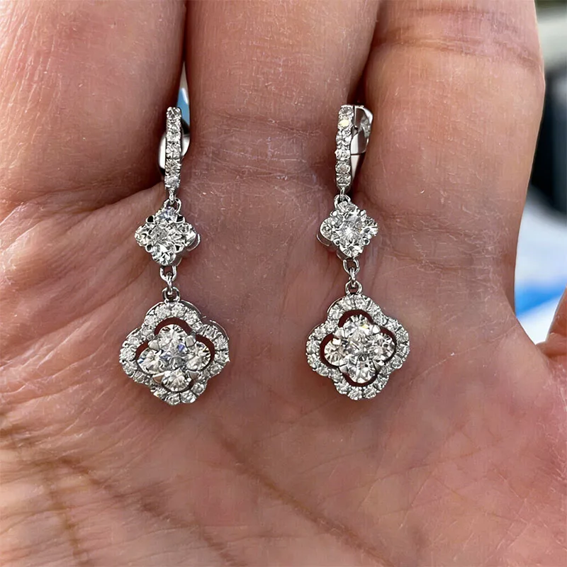 2.2ctw Round Cut Lab Grown Diamond DEF VS-VVS Wedding Drop Earrings Flower Shape Diamond Earrings For Lady In Platinum 950