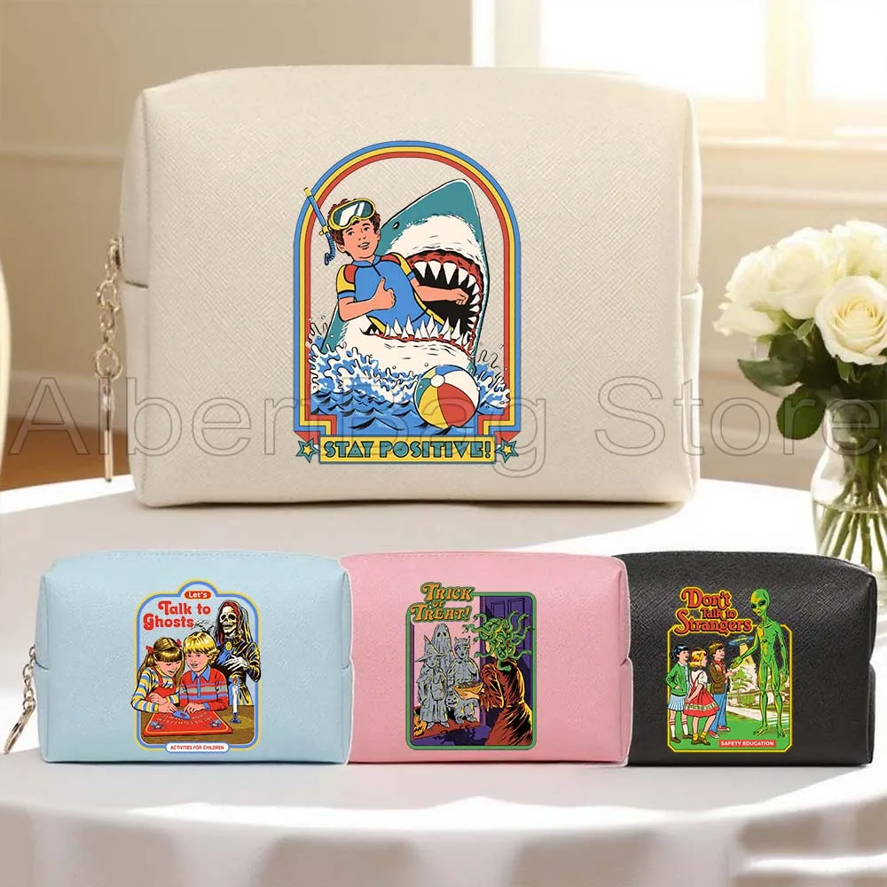 

Stay Positive Don't Talk To Strangers Halloween Ghosts Gifts PU Travel Cosmetic Bag Women Makeup Waterproof Toiletry Storage Bag