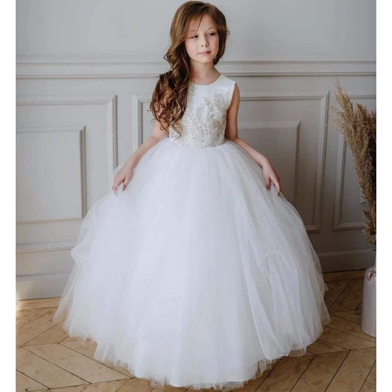 Vestidos blancos de flores para niña, patrón de flores de lentejuelas de tul con lazo, sin mangas para boda, fiesta de cumpleaños, vestidos de primera comunión