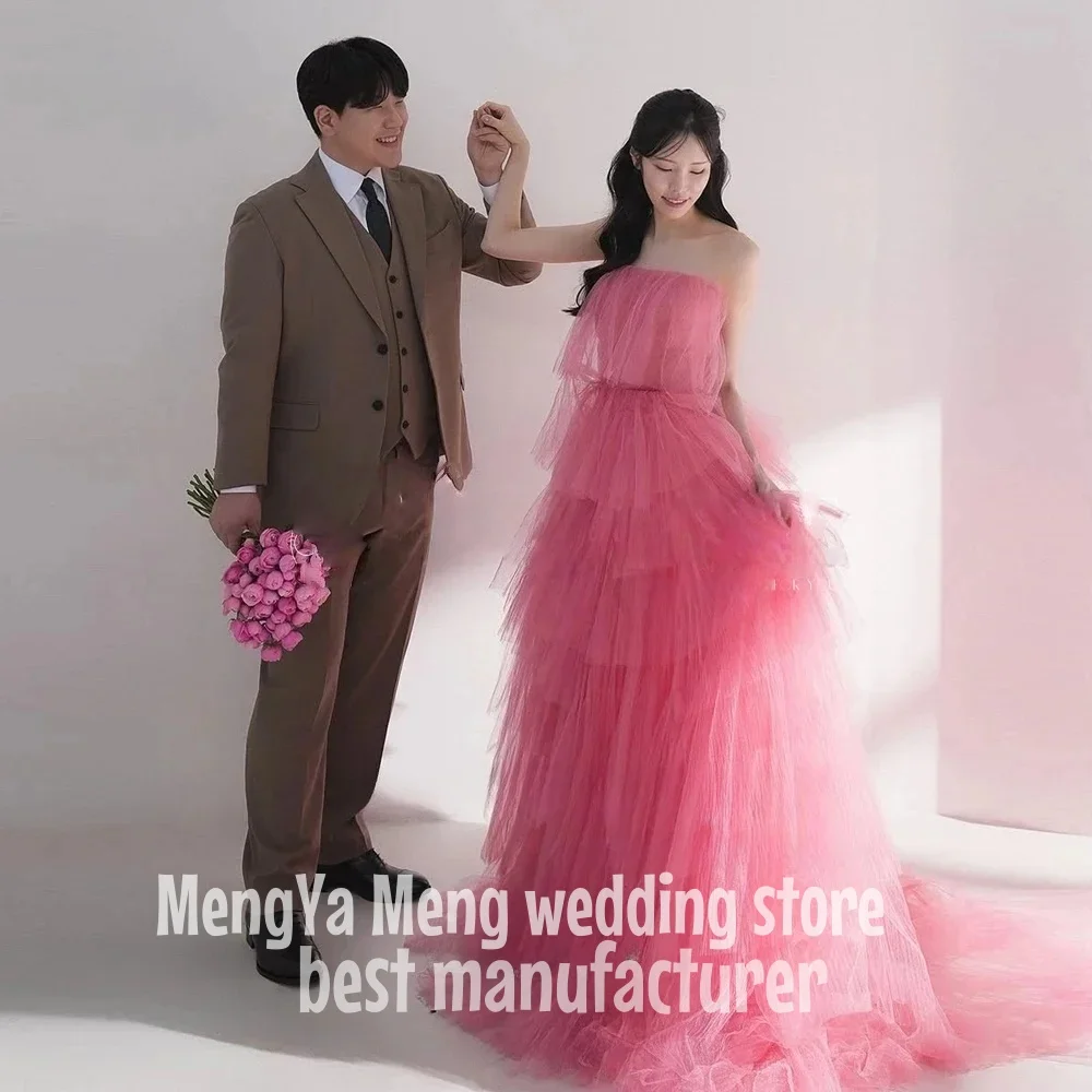 

Simple Strapless Korea Wedding Dresses Korea Photo Shoot Tiered Tulle Hot Pink Evening Dress A-line Prom Gown Customized 신상원피스
