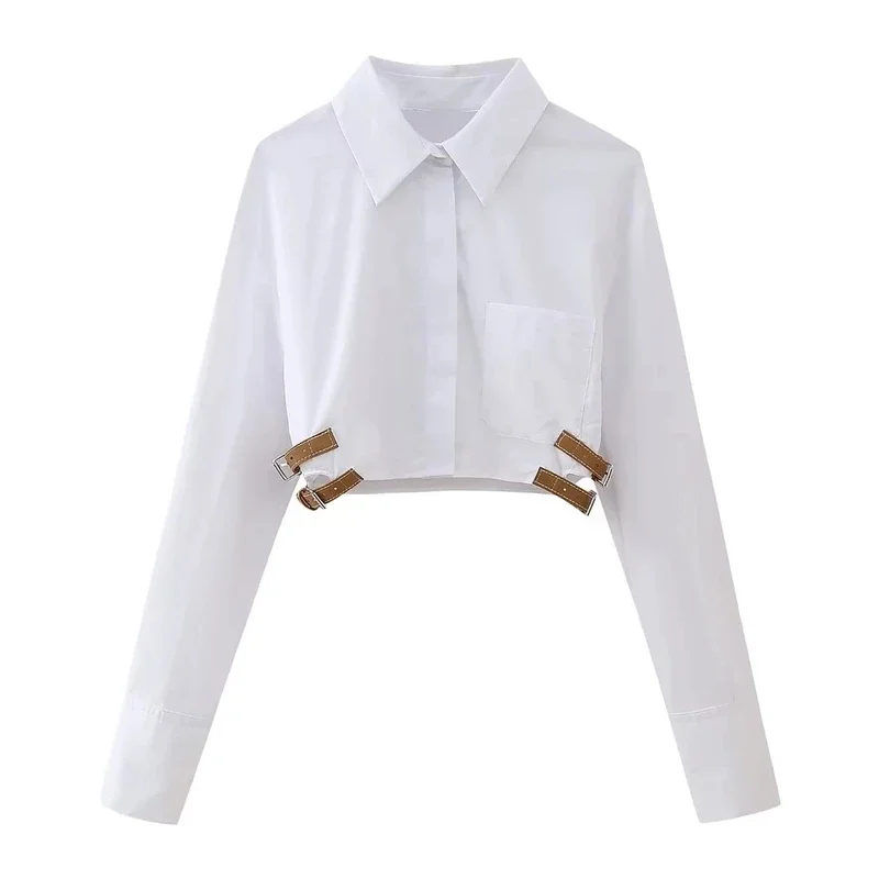 ASDs belt crop shirt Women button up white shirt woman fashion collared cropped shirts blouses streetwear spring long sleeve top