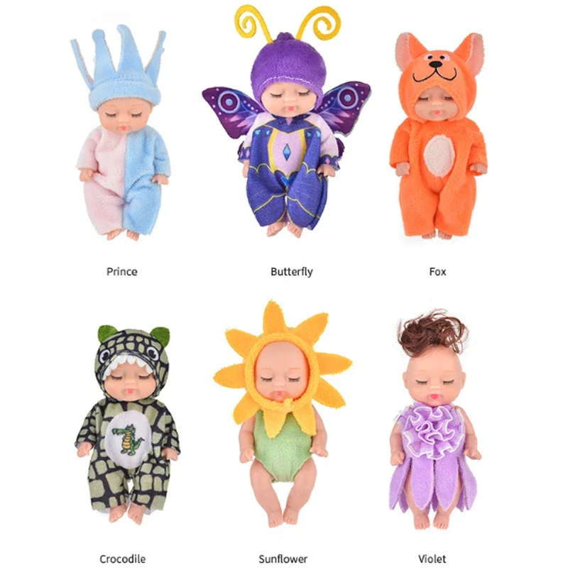 6Pcs Set Sleeping Mini Baby Dolls Reborn Lifelike Cute Adorable Dolls With Butterfly Crocodile Sunflower Outfits Playset Giftbox