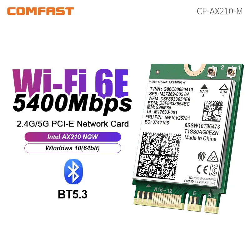 

COMFAST Laptop WiFi Card NGFF M.2 WiFi Module WiFi6 AX210 AX200 AX1800 2.4G 5G 6GHz 5374Mbps/3000Mbps 802.11AX Bluetooth 5.2