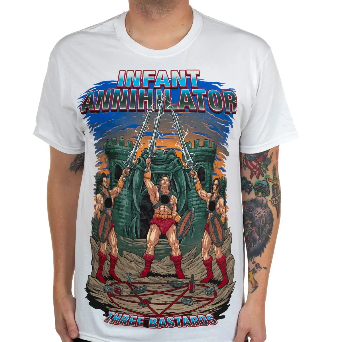 Three Bastards Warrior Castle Art Infant Annihilator Print T Shirt, Deathcore Band Fan Collectible Unisex Graphic Tee