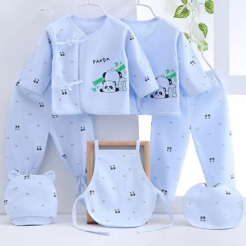 7Piece Sets Spring Autumn Baby Clothes Girl Boys Cartoon Cute Panda Print Cotton Long Sleeve Tops+Pants+Hat Newborn Items BC264