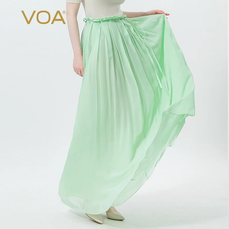 VOA 100% Pure Silk Georgette Green Skirt Natural Waist Fold Side Invisible Zipper Literary Double Elegant Woman Skirts CE85