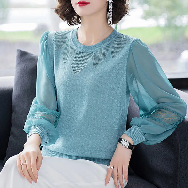 New Yarn Sleeve Top Loose and Versatile Fashionable Ice Silk Long Sleeved Lace Mesh Base Shirt Thin