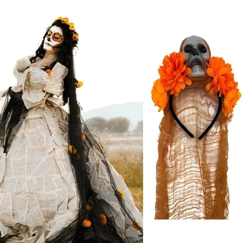 

A52E Fashion Hair Hoop with Colorful Flower&Skull Decor Women Styling Hair Supplies