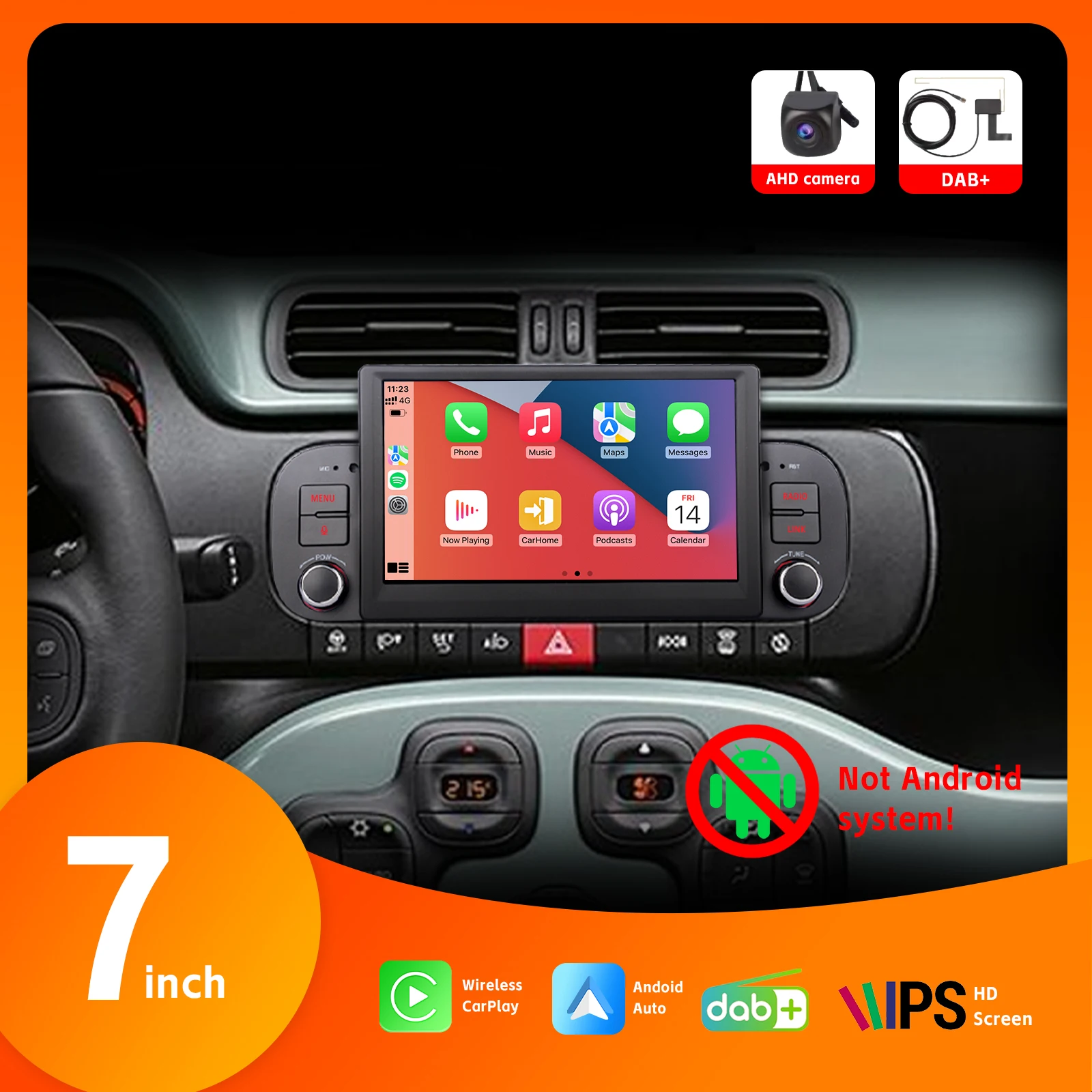 

7" Car Radio HD IPS Touch Screen DAB+ for Fiat Panda 2013-2020 Wireless Carplay Android Auto SWC AHD Rear View Camera Bluetooth