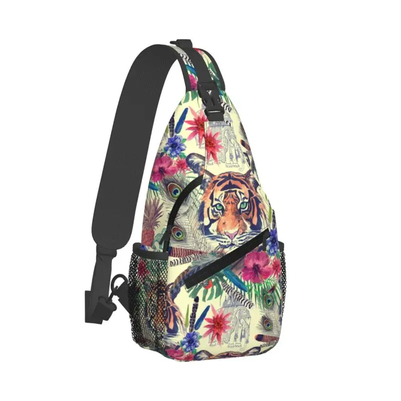 Custom Exotic Flowers Tropical Animals Tiger Sling Crossbody Backpack Men Custom Chest Shoulder Bag for Cycling Camping Daypack