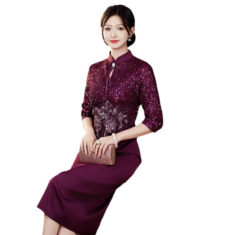 Yourqipao New Chinese Style Improved Cheongsam Wedding Banquet Toast Dress Wedding Dress for Mother