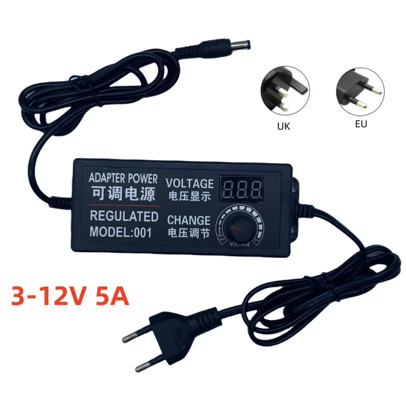 

Adjustable AC To DC Power Supply 3V-12V 5A Universal Transformers with Display Screen 12v charger for Light Strip EU UK Plug