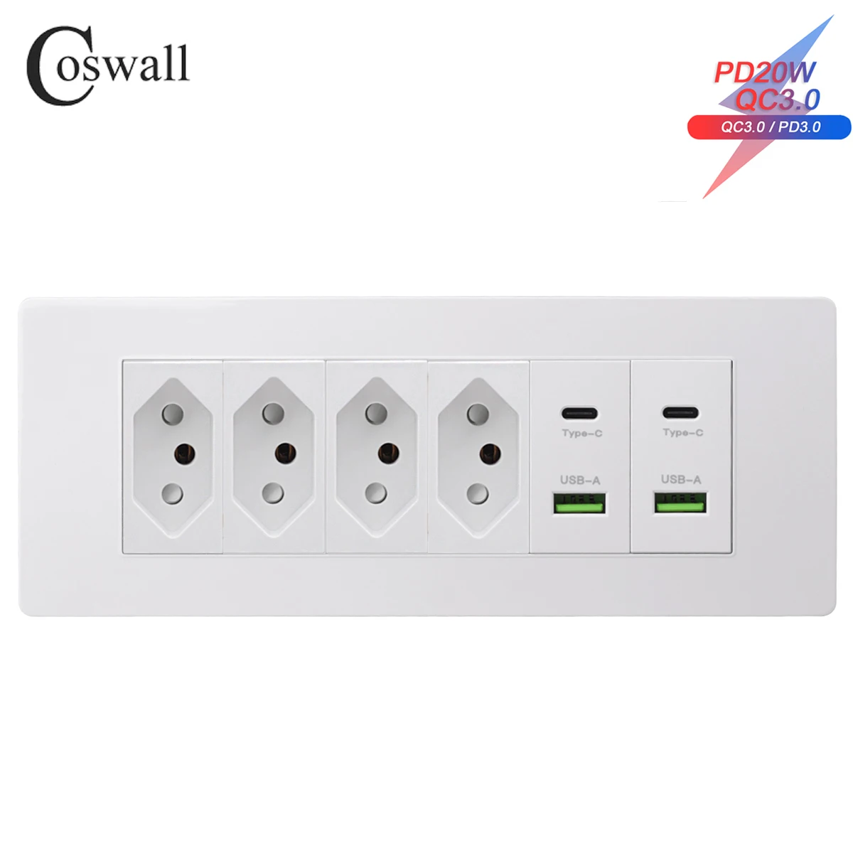 Coswall PC Panel PD 3.0 20W Type-C Dual USB Fast Charge Outlet Switzerland Wall Socket Brazil Standard 20A Power Socket 194*75mm