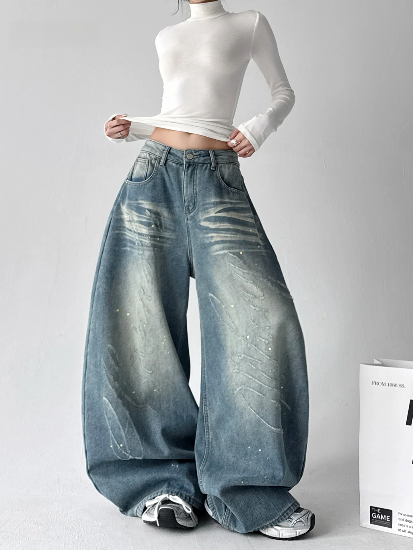 

Blue Thiened Denim High Waist Wide Leg Pants Retro Sle Women's Jeans Straight Cut Floor Length Trousers Sli Slimming