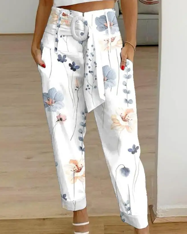 

Women's High Waist Pants Summer Casual European & American Floral Print Belted Pocket Design Fashion Trousers for Women