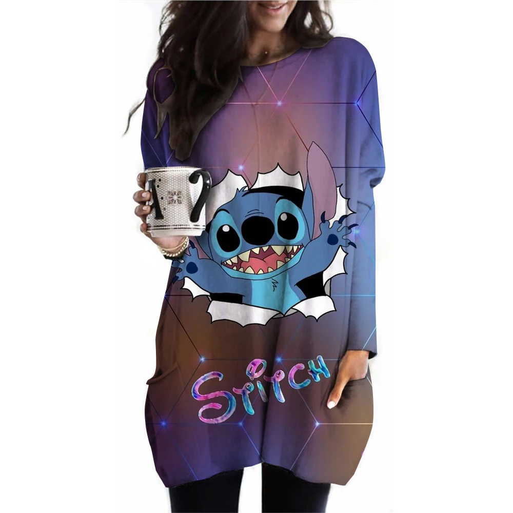 Spring and Autumn Girls Harajuku Disney's Lilo & Stitch Printed T-shirt Long Sleeve Round Neck T-shirt Korean Casual Extra Large