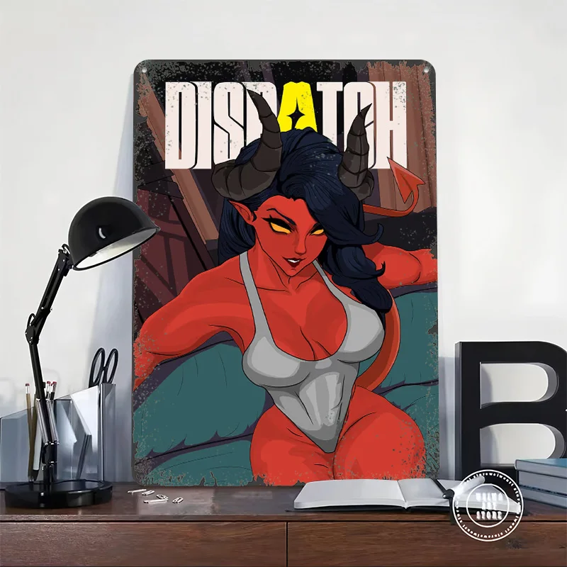 Red Demon Girl Malevola Dispatch 3D Printed Texture Poster Personalized Wall Art Retro Metal Tin Signs for Office Decor Room